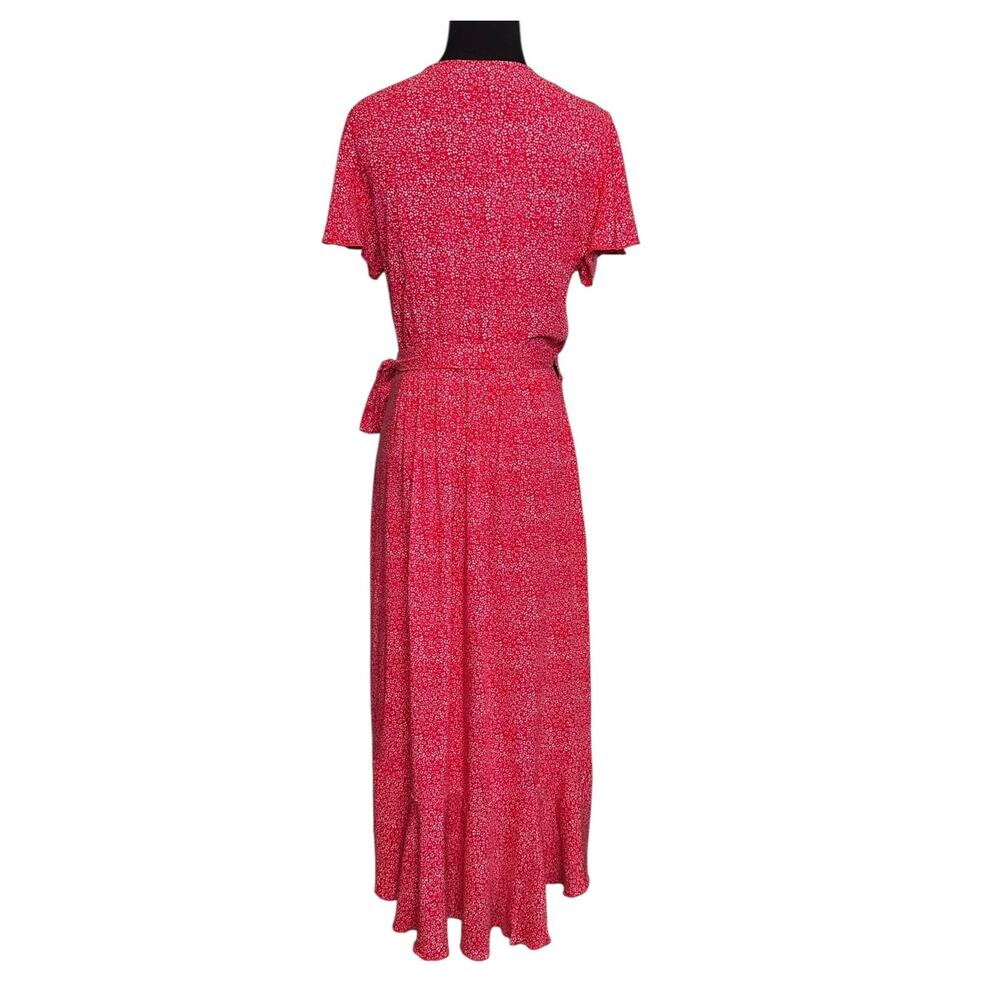 Zesica red white print short sleeves wrap midi dress size Small - Picture 2 of 16